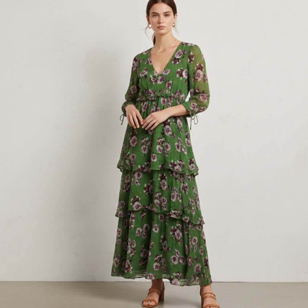 Massimo Dutti Green Floral Maxi Dress V-Neck 3/4 Sleeve Size US 4